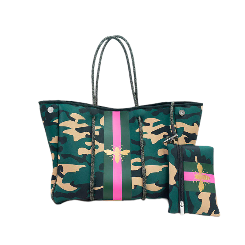 The Aniella Neoprene Tote Green Camo with Gold Bee