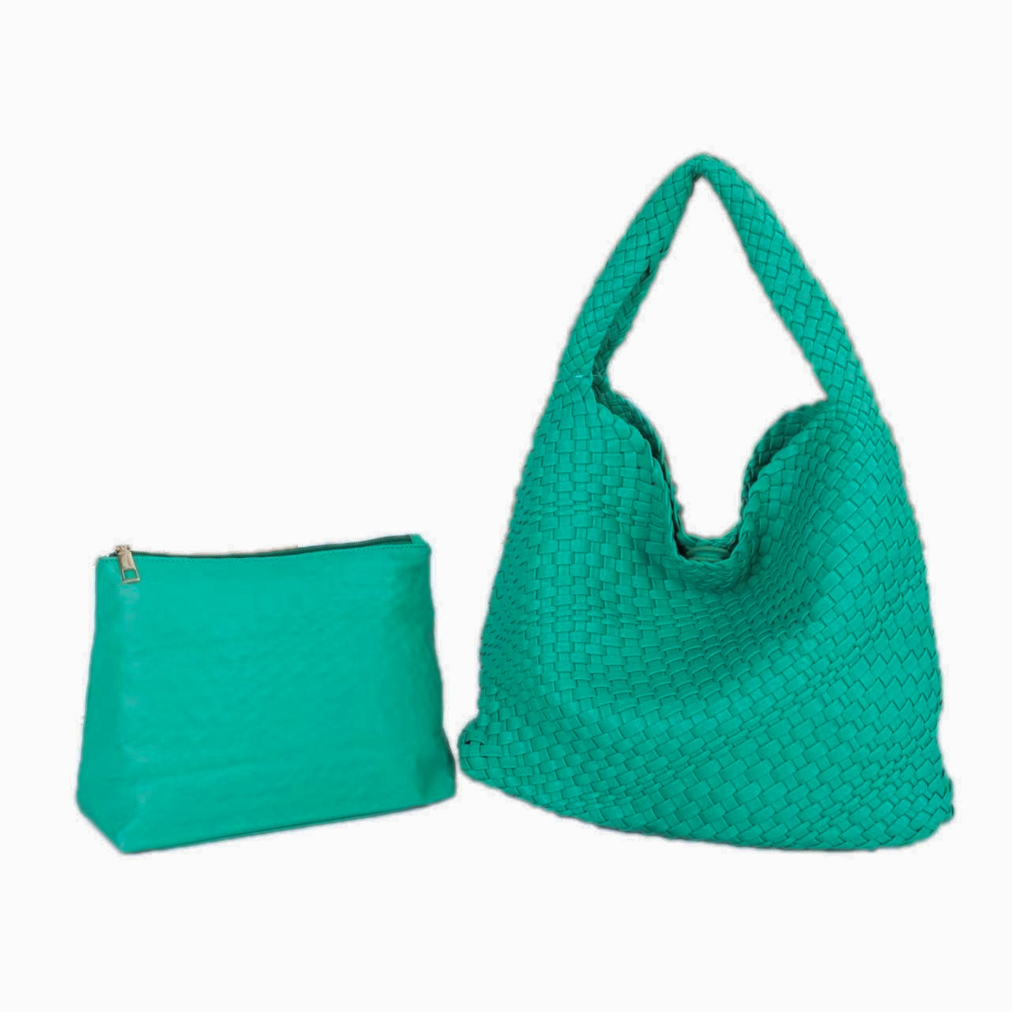 The Willow Large Woven Vegan Leather Tote Green. Babs Birdie