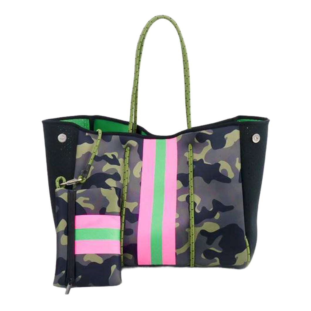 The Aniella Neoprene Tote - Green Camo with Pink Green Stripe – Babs+Birdie