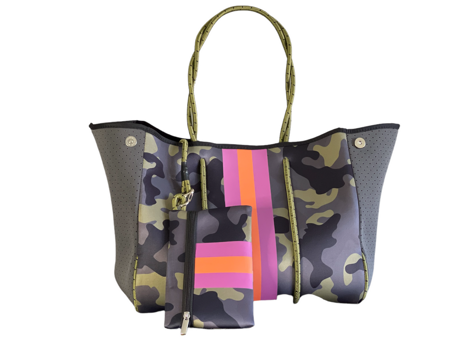 Neoprene Ella order Tote Camo W/ Pink/Orange Stripe