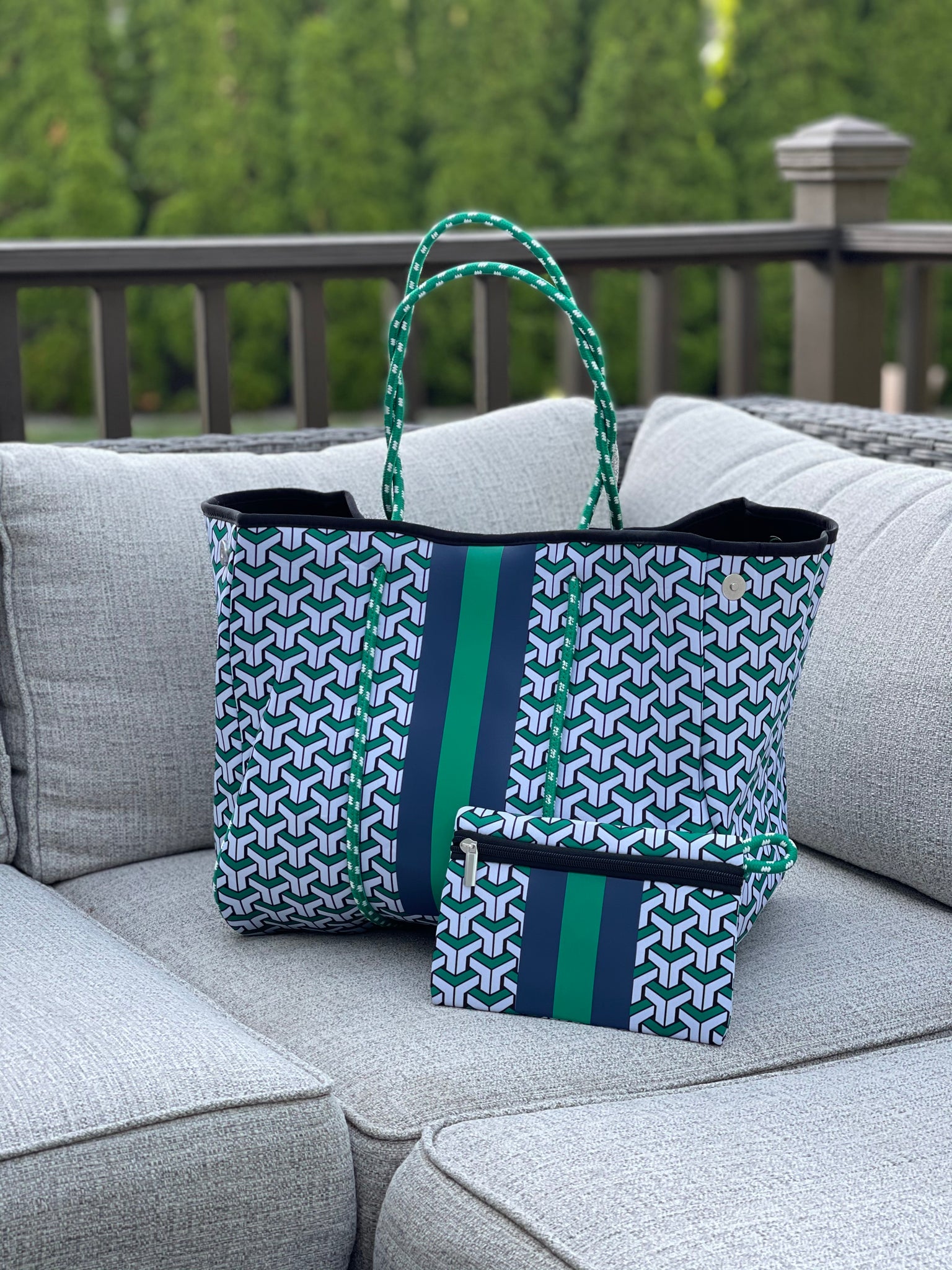 Neoprene Large Tote Green Camo With Red Racer Stripe Beach 